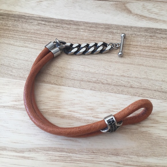 men’s Brown leather chain link rhinestone bracelet - Picture 2 of 4